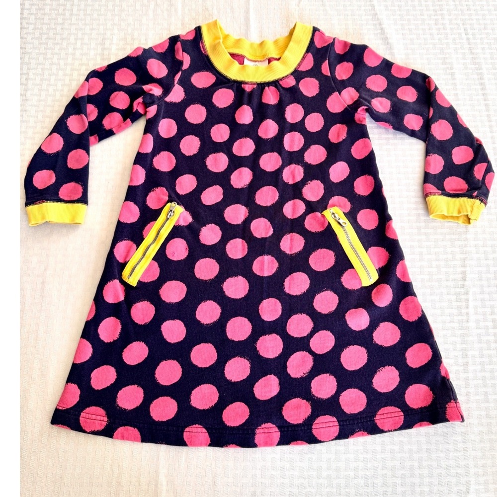 Hanna Andersson Girls 120 6-7 Polka Dot Sweatshirt Dress Navy Pink Yellow Pockt